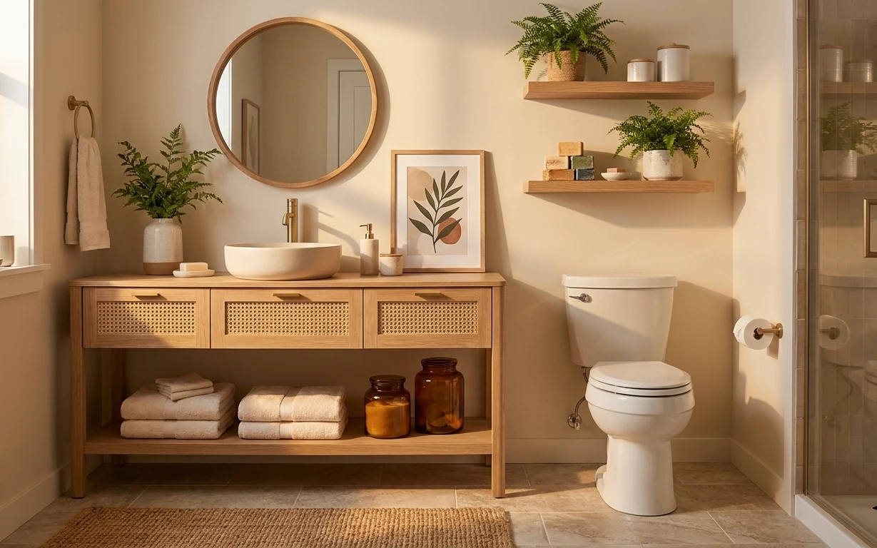 Warm bathroom vanity wall with round wood mirror, framed botanical print, towels, jute bath mat, and amber jars