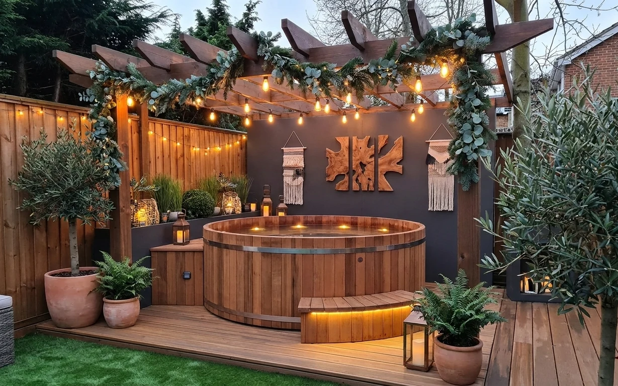 Warm string lights, glass lantern glow, macramé wall decor, and terracotta planters around a wooden hot tub on an outdoor deck