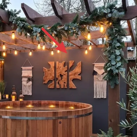 string lights draped across the beams