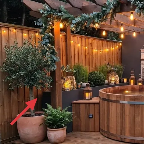 tall potted evergreen by the left fence