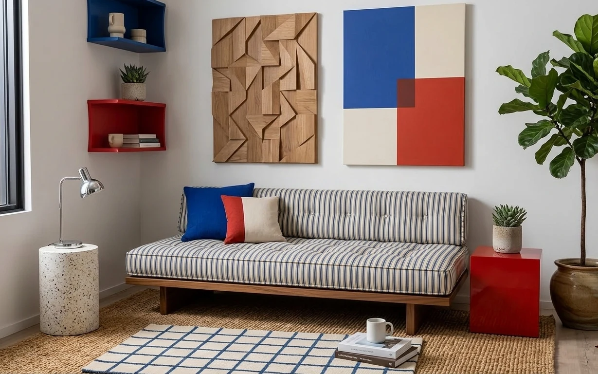 Daybed nook with striped cushions, jute rug, blue-red geometric wall art, plug-in floor lamp, and potted plants
