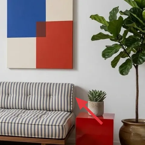 small potted plant in gray pot on red cube