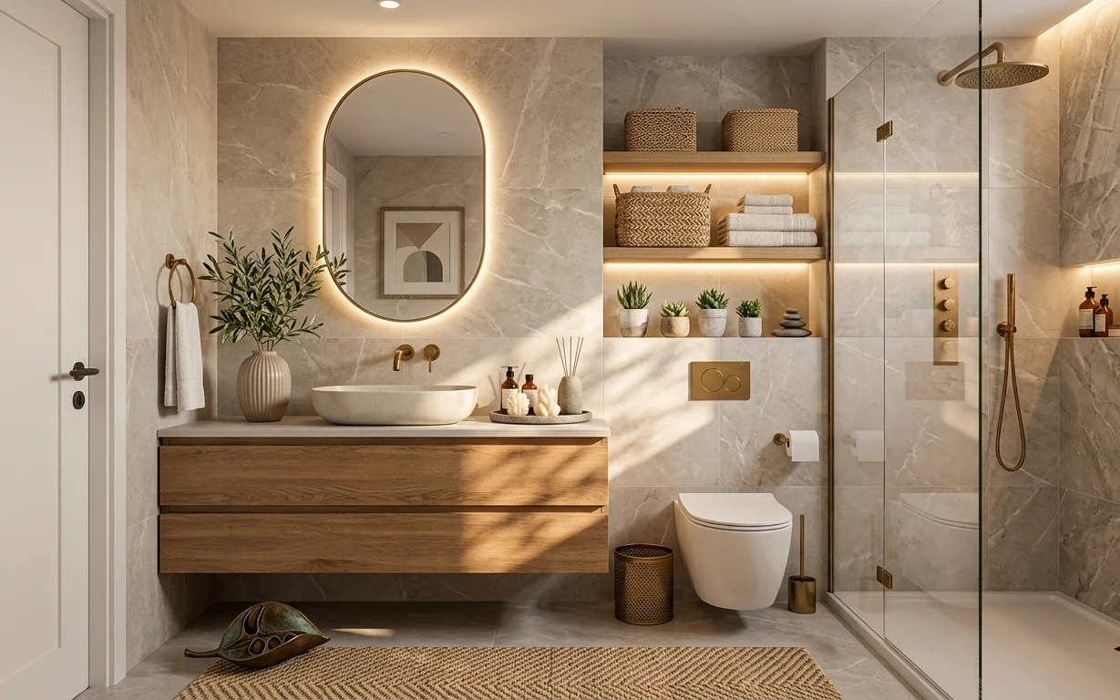 Warm spa bathroom with marble-look tile, wood vanity, glowing mirror, framed art, towels on shelf, and a textured bath mat