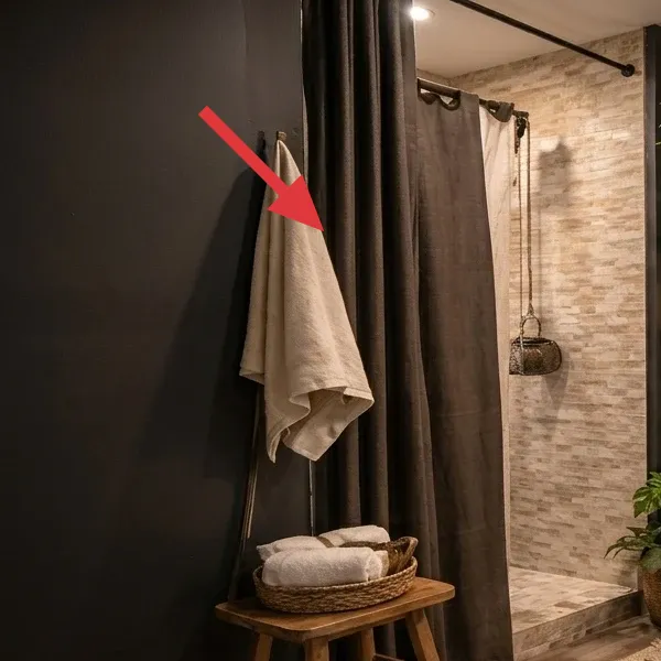Charcoal shower curtain panel with soft folds and dark curtain rings