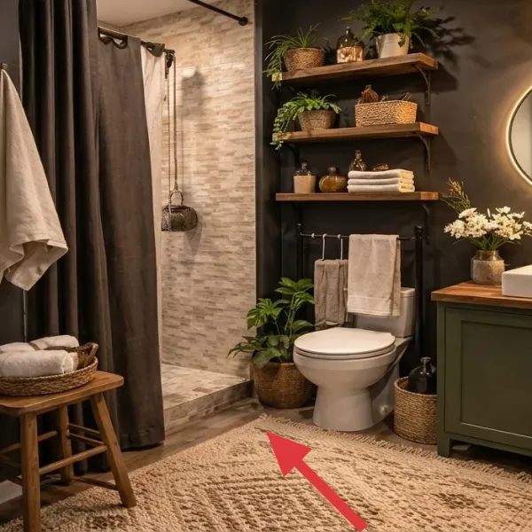 Textured bath rug with warm speckled pattern in front of the vanity area