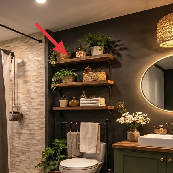 Terracotta pots and small plants on the bathroom shelving
