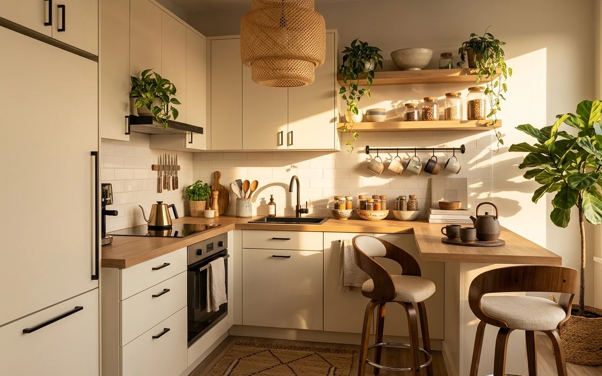 Japandi-style kitchen peninsula with woven pendant lamp, patterned rug, hanging towel, plants, kettle, and labeled jars on shelves.