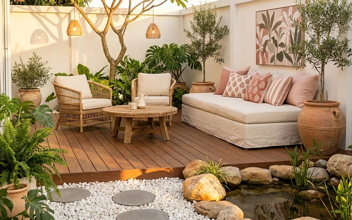 Boho covered patio lounge with daybed, wicker armchair, wood coffee table, terracotta planters, and framed botanical wall art.