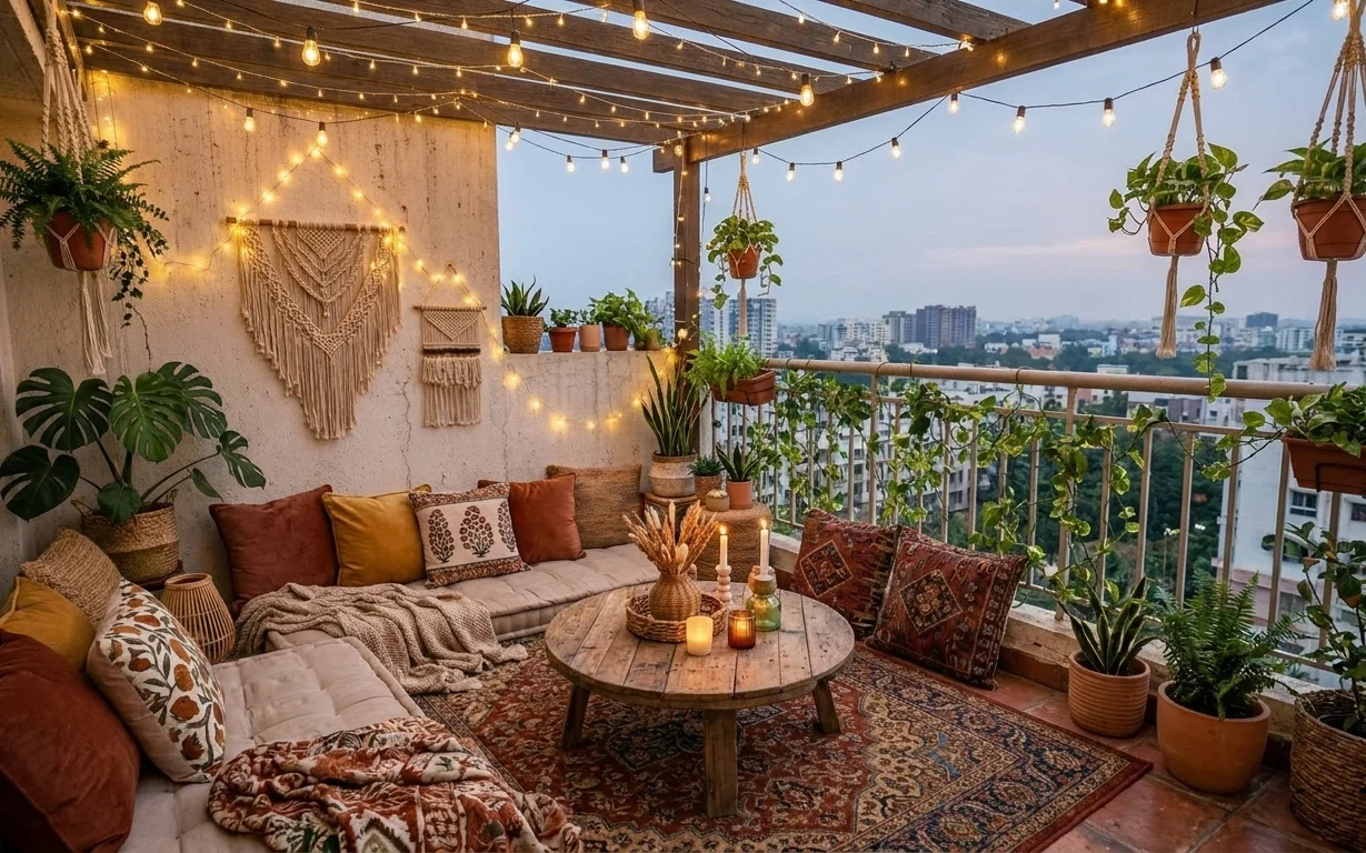 Boho balcony lounge with sofa, patterned rug, round coffee table, warm string lights, macramé wall hanging, and hanging terracotta planters