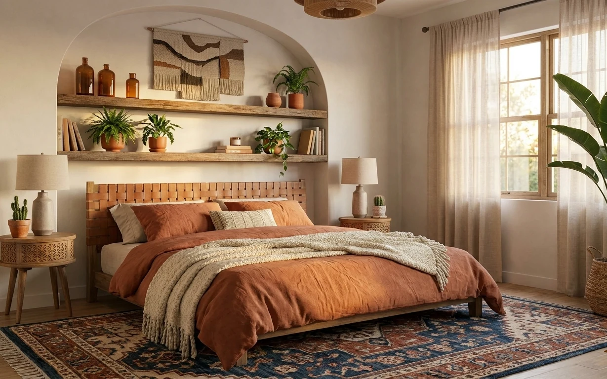 Boho bedroom with rust throws, cream knit, patterned rug, macramé wall hanging, off-white table lamps, and large bird-of-paradise plant
