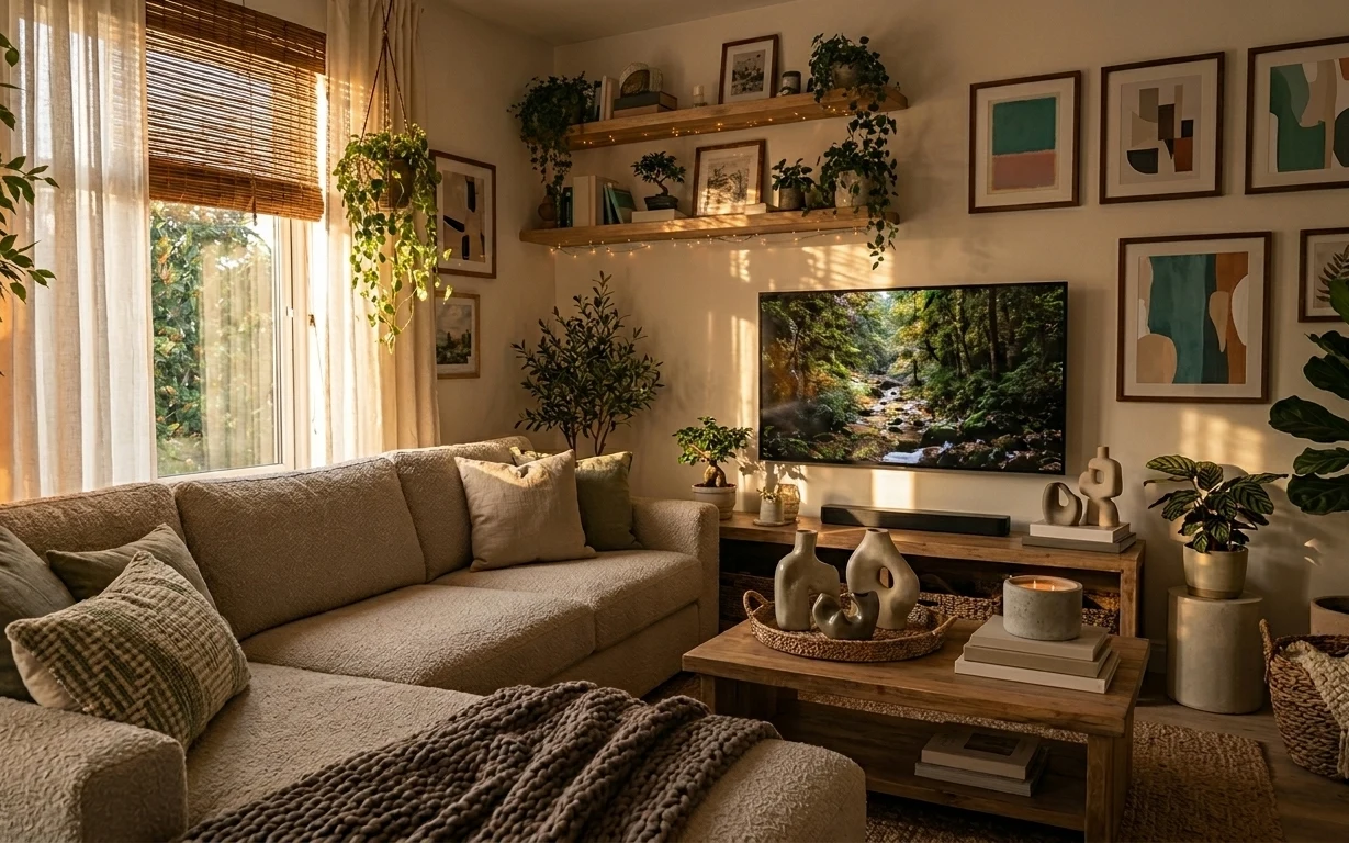 Warm boho sofa lounge with cream textiles, string lights, framed art, and lush indoor plants