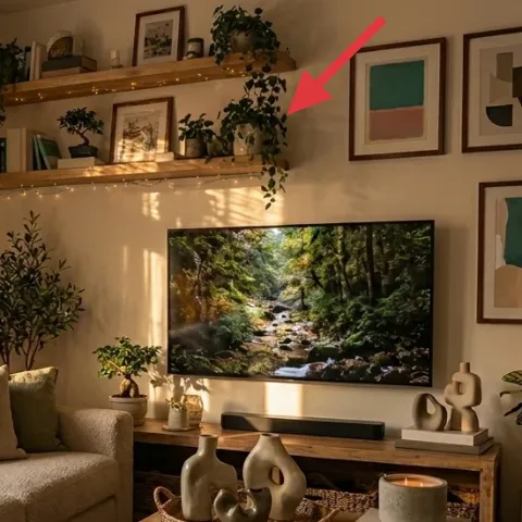 string lights along the top shelf