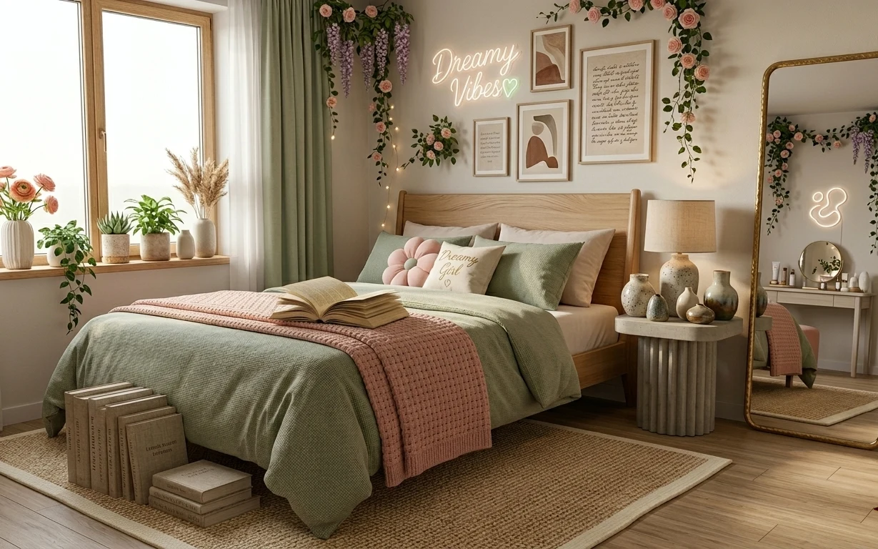 Sage green bedroom with jute rug, olive curtains, string lights, framed prints, gold standing mirror, and a cream table lamp