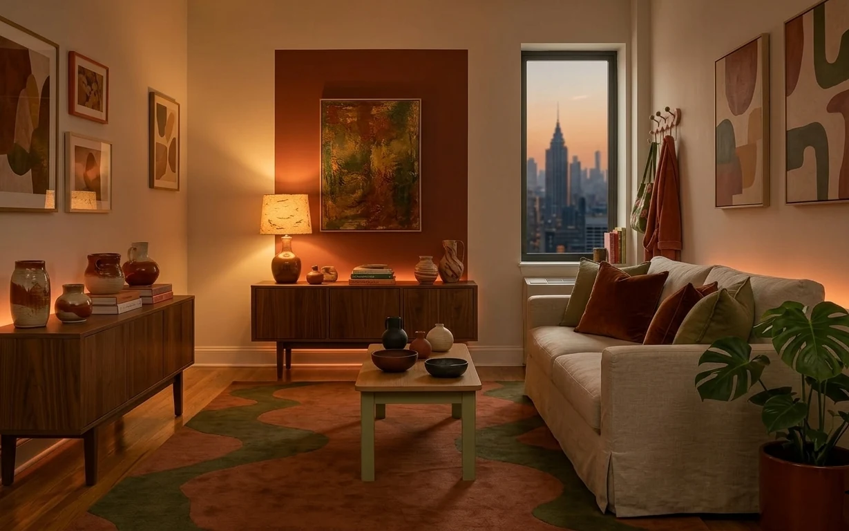 Warm living room with olive pillows, earth-toned rug, tray-styled coffee table, framed art, and a terracotta potted plant.