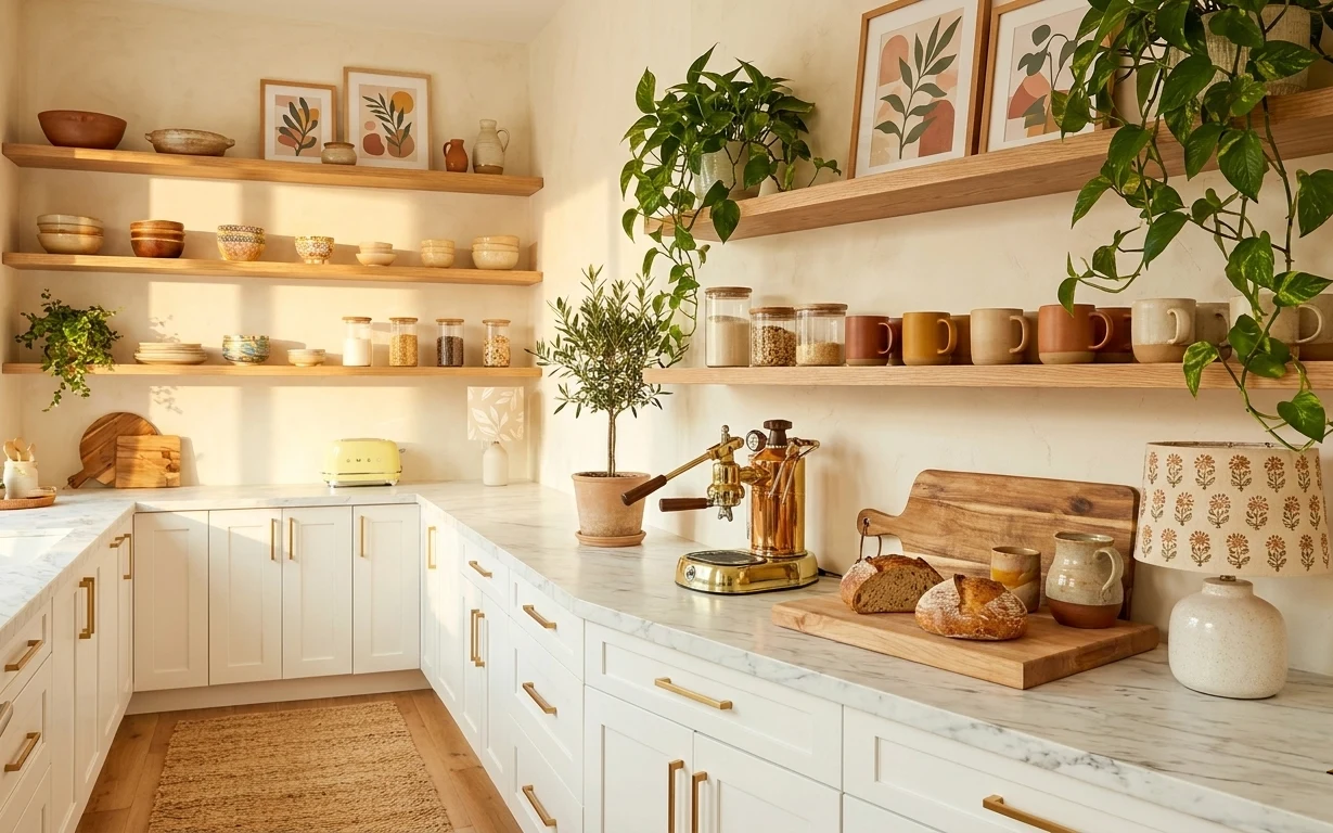 Bright kitchen counter corner with warm wood shelves, ceramics, plants, framed botanical prints, and a woven area rug