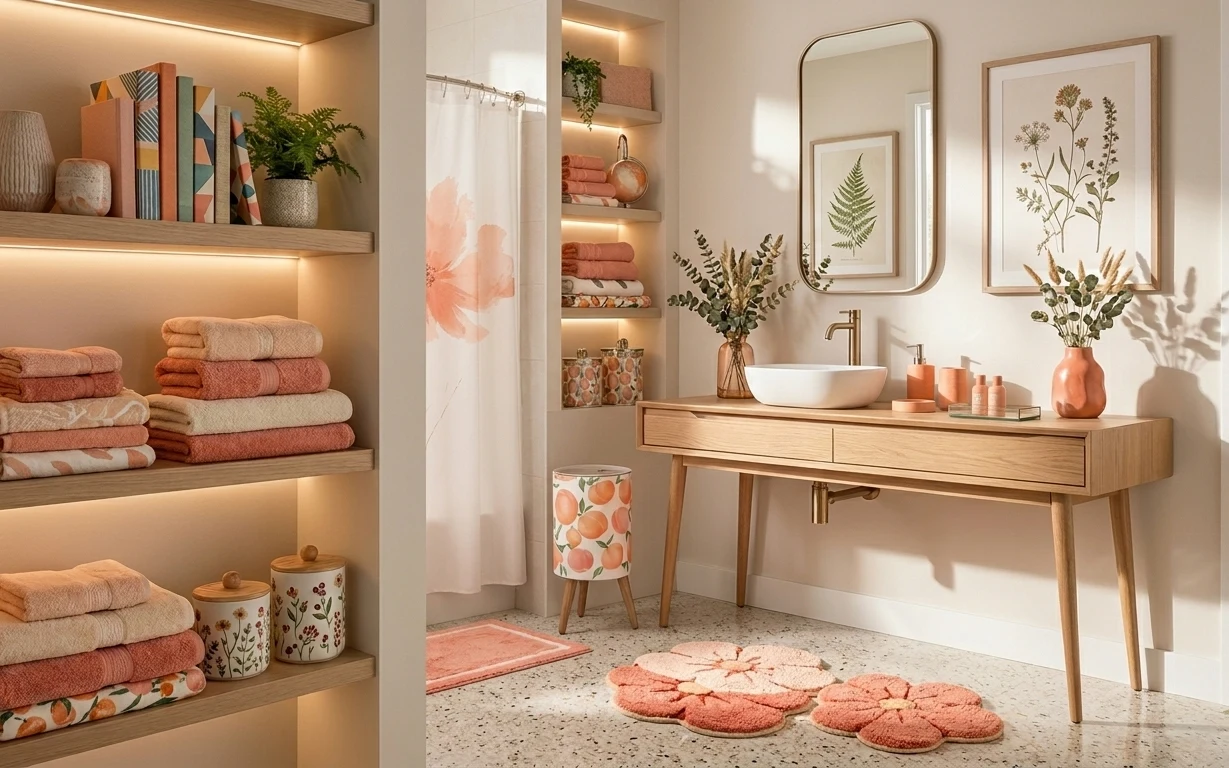 Boho bathroom vanity with warm lighting, terracotta bath mats, framed botanical prints, and styled countertop jars