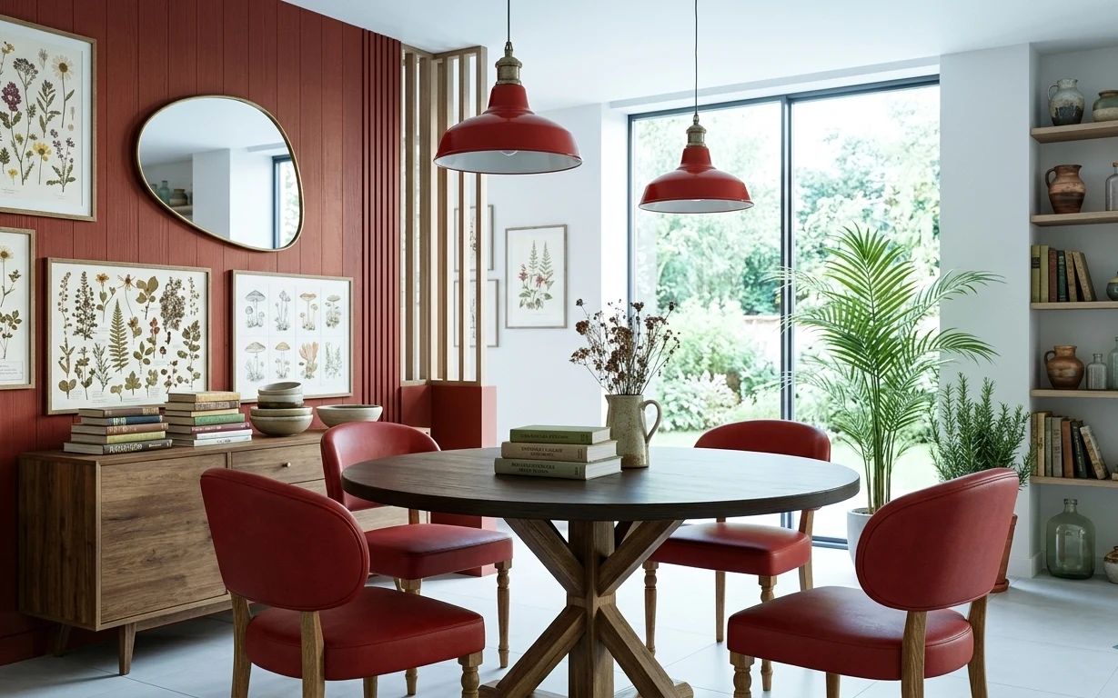 Dining nook with terracotta chairs, round wall mirror, botanical prints, sideboard, red pendant lights, and window plants
