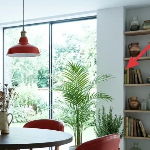 Decorative ceramics and glass bottles on shelf