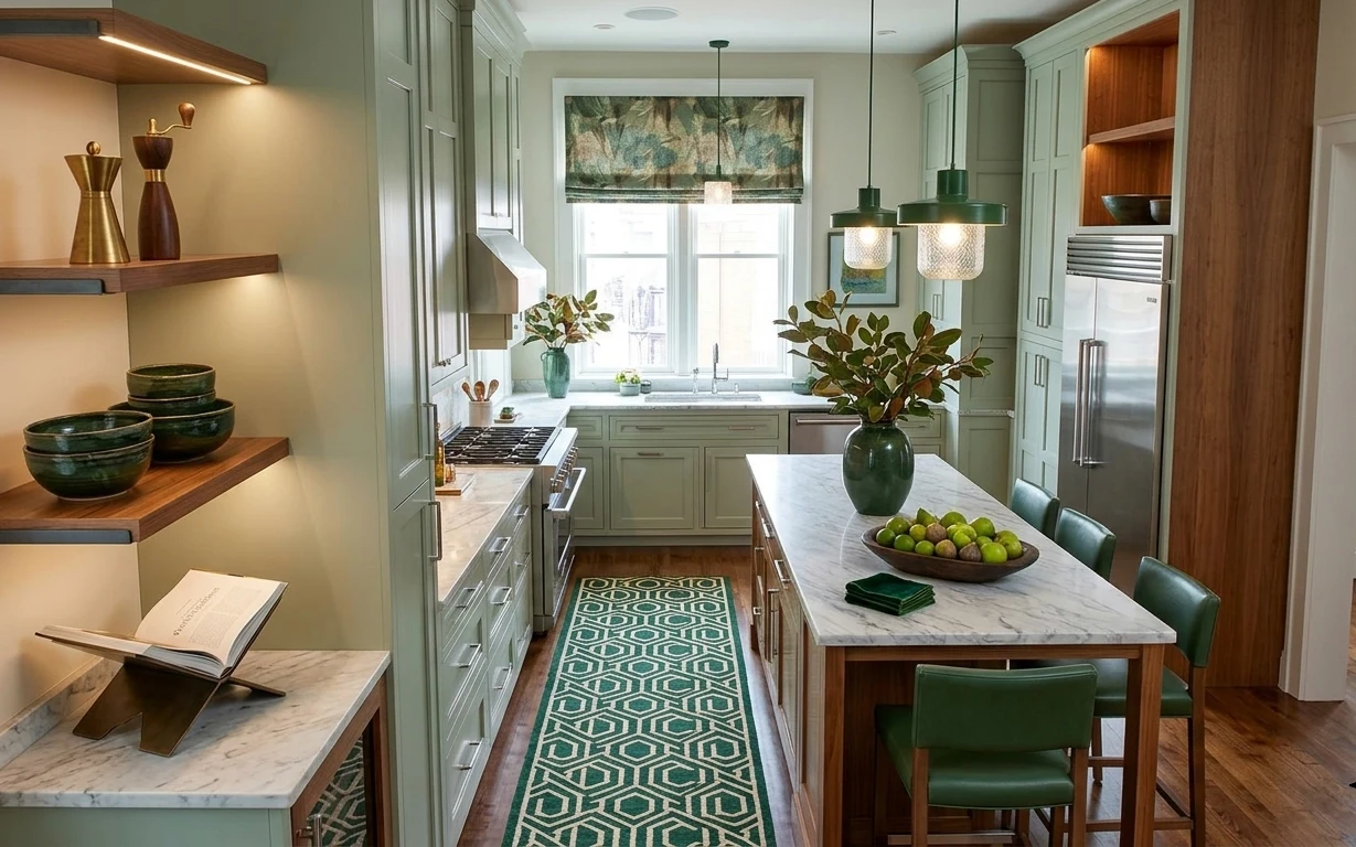 Kitchen dining nook with green patterned runner rug, framed botanical print, green pendant lights, brass shelf decor, and a leafy plant vase