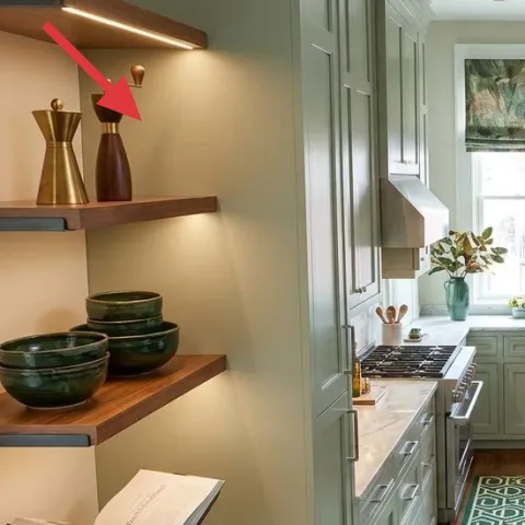 brass decor objects on the wall shelf