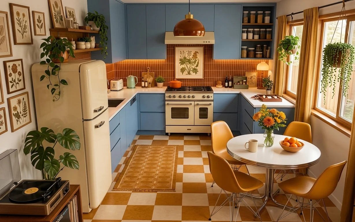Bright kitchen nook with mustard curtains, patterned ochre rug, round dining table, and botanical framed prints