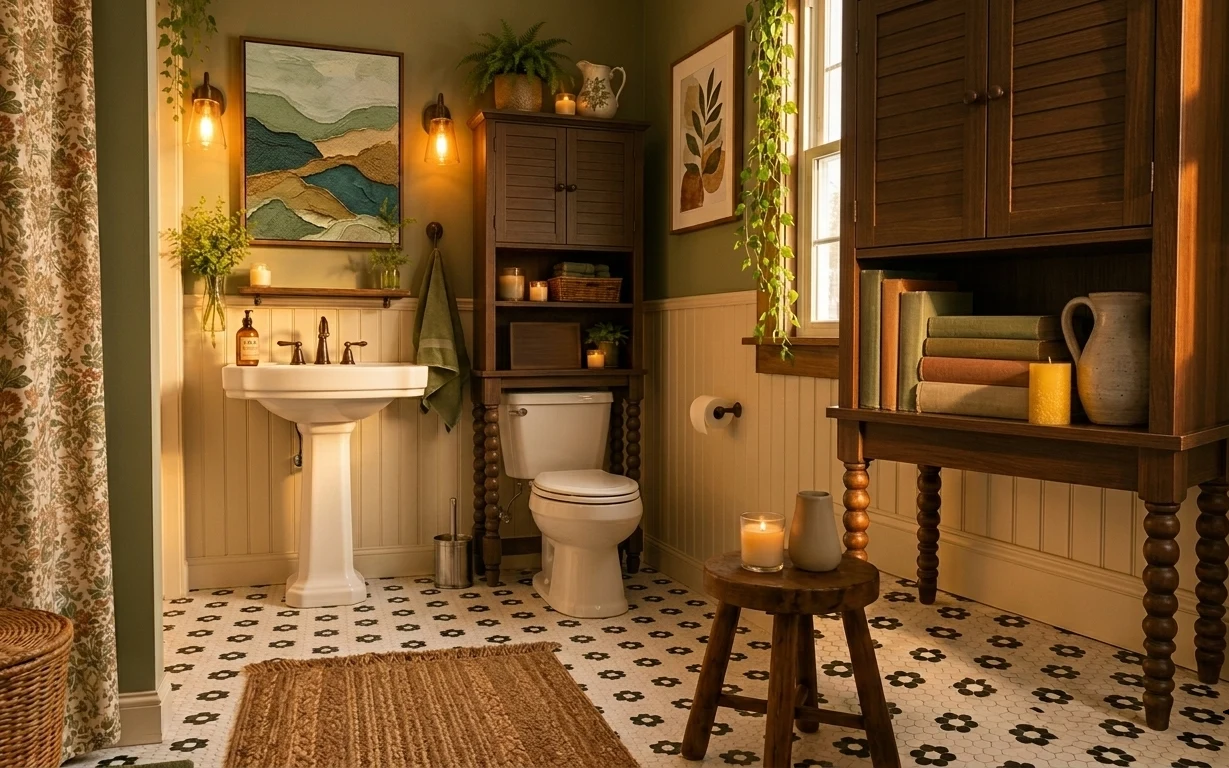 Warm bathroom vanity corner with framed green artwork, patterned rug, candle on a wood stool, and trailing vines