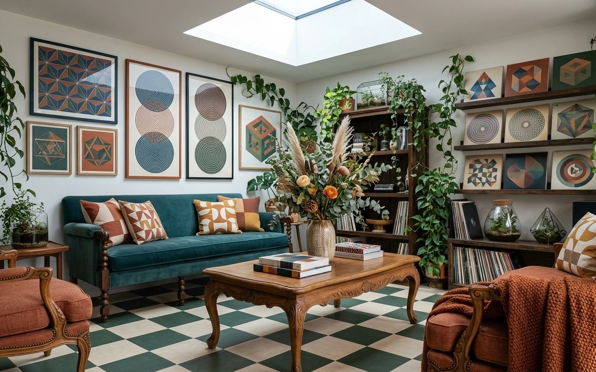 Teal sofa with geometric framed wall art, styled wood coffee table, and many indoor plants in a bright living room