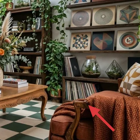 woven throw blanket on right armchair