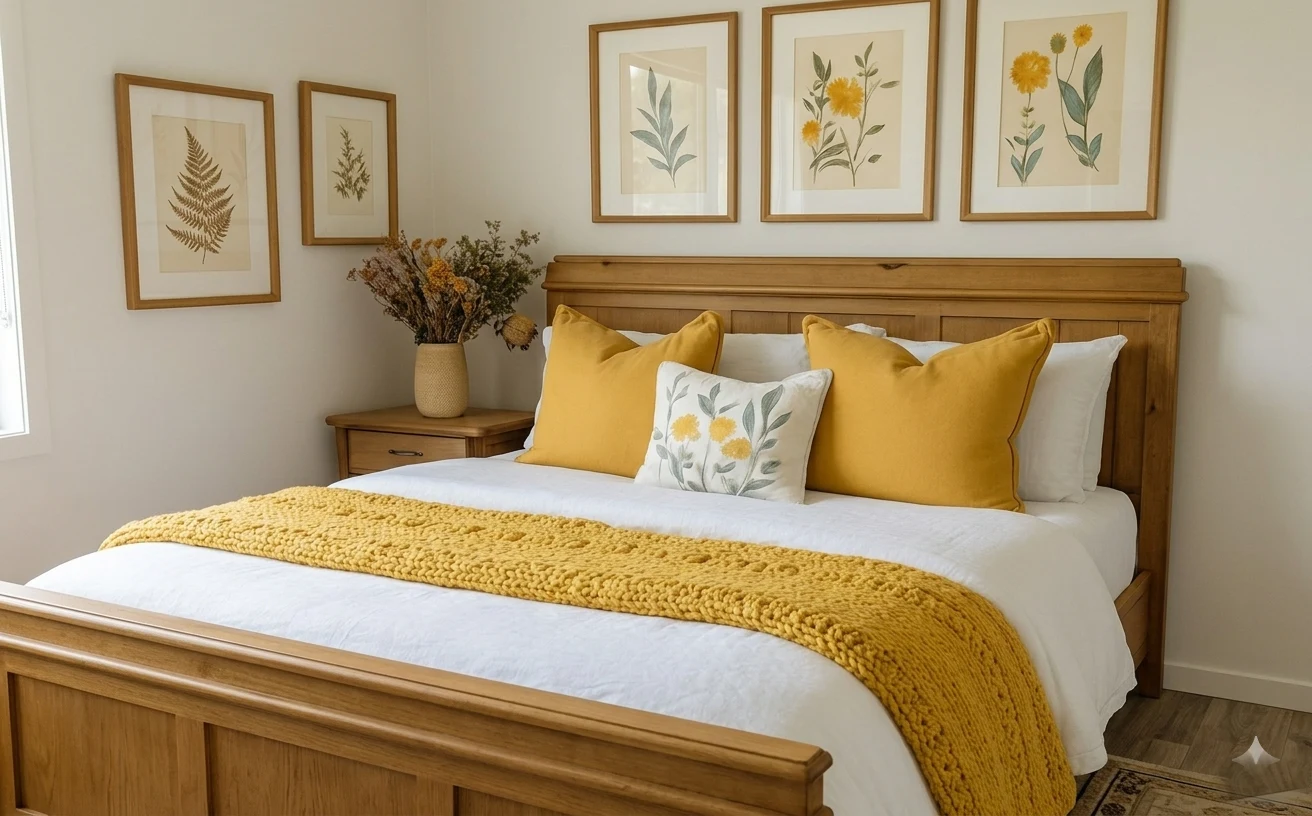 Mustard pillows and knit throw on a white duvet, botanical framed art, and a beige vase with dried stems