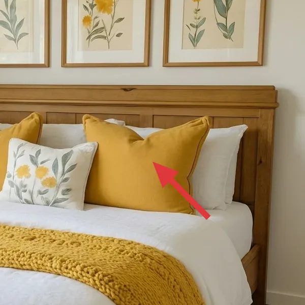Mustard pillow cover in the foreground with white backing pillows