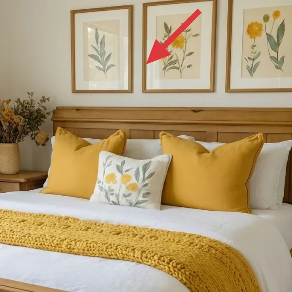 Three large botanical prints in warm wood frames above the bed