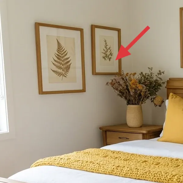 Two smaller botanical framed prints on the left wall beside the bed