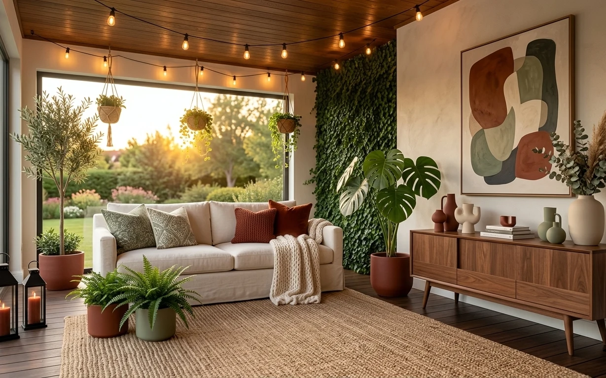 Plant-filled living room with cream sofa, beige rug, string lights, framed abstract art, and terracotta planters