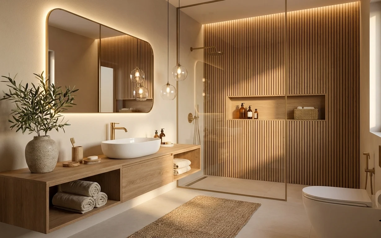 Warm bathroom with arched brass-framed mirror, wooden vanity shelf, plant in ceramic vase, and tan woven bath rug