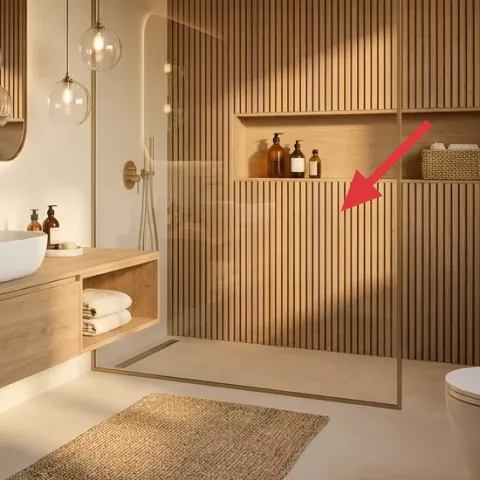 woven basket on vanity shelf