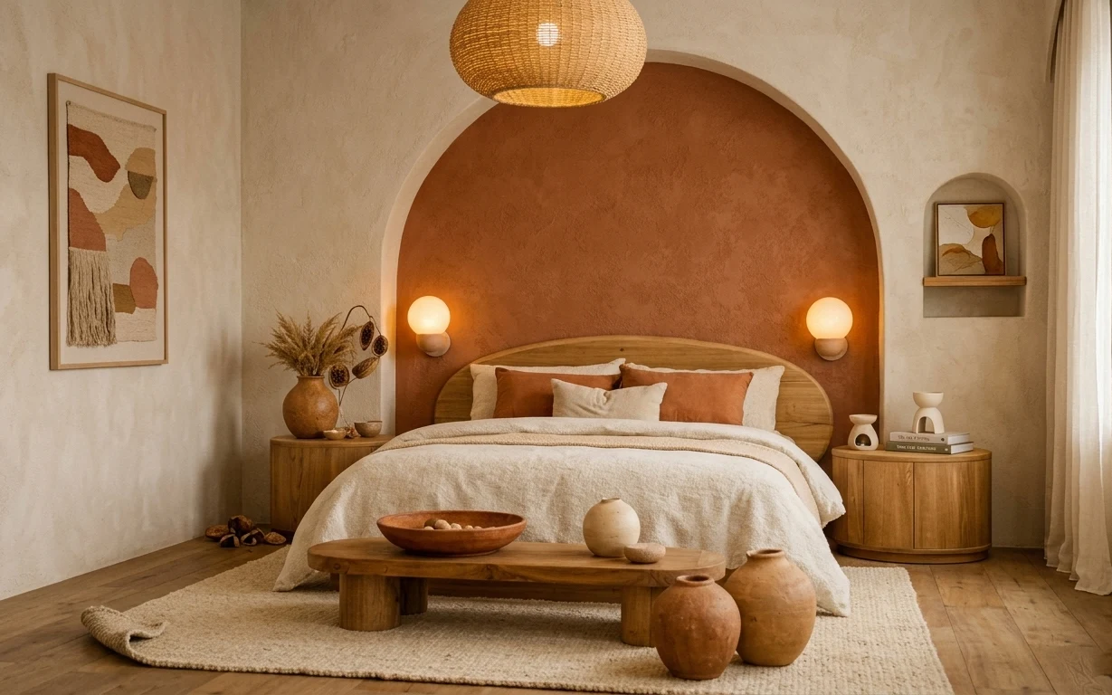 Arched bedroom niche with cream linen bed cover, warm terracotta wall, jute rug, framed prints, and ceramic styling