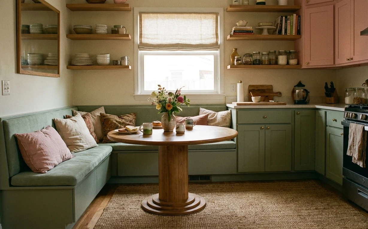 Breakfast nook with sage banquette, round wooden table, jute rug, flower vase, candles, and open kitchen shelves