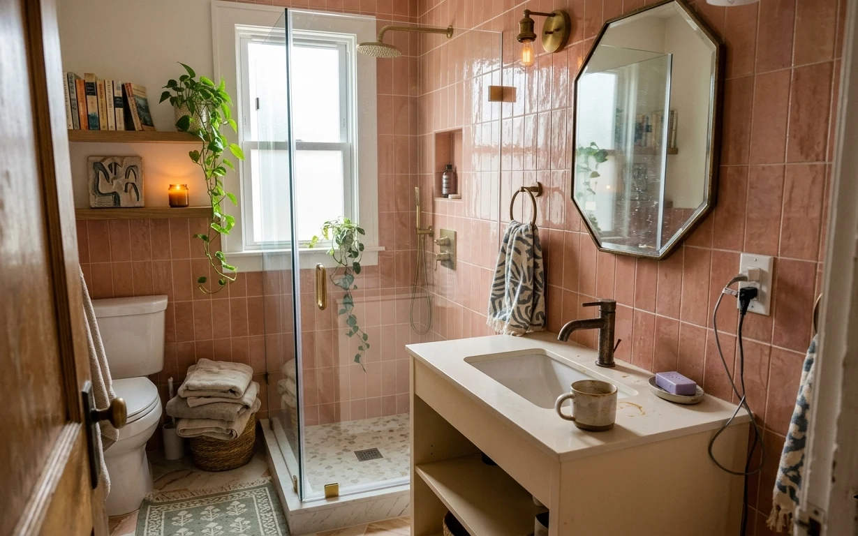 Terracotta-tiled bathroom with dual-sink vanity, octagonal mirror, brass wall sconce, bath rug, woven basket, and shower glass