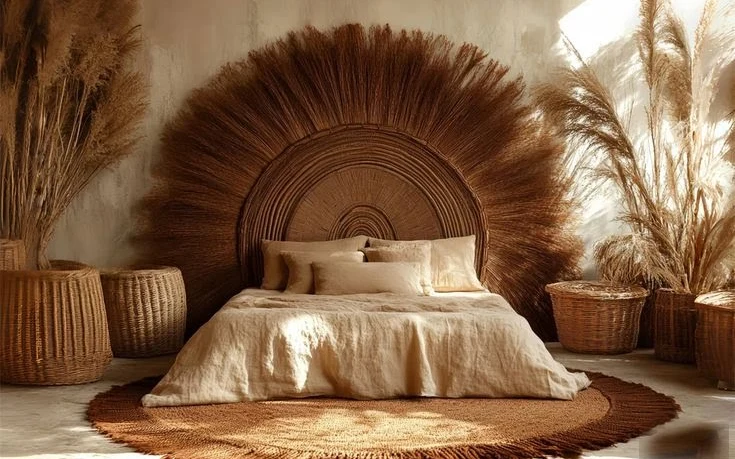 Boho bedroom nook with white quilt, cream pillows, round jute rug, arched rattan backrest, wicker baskets and pampas
