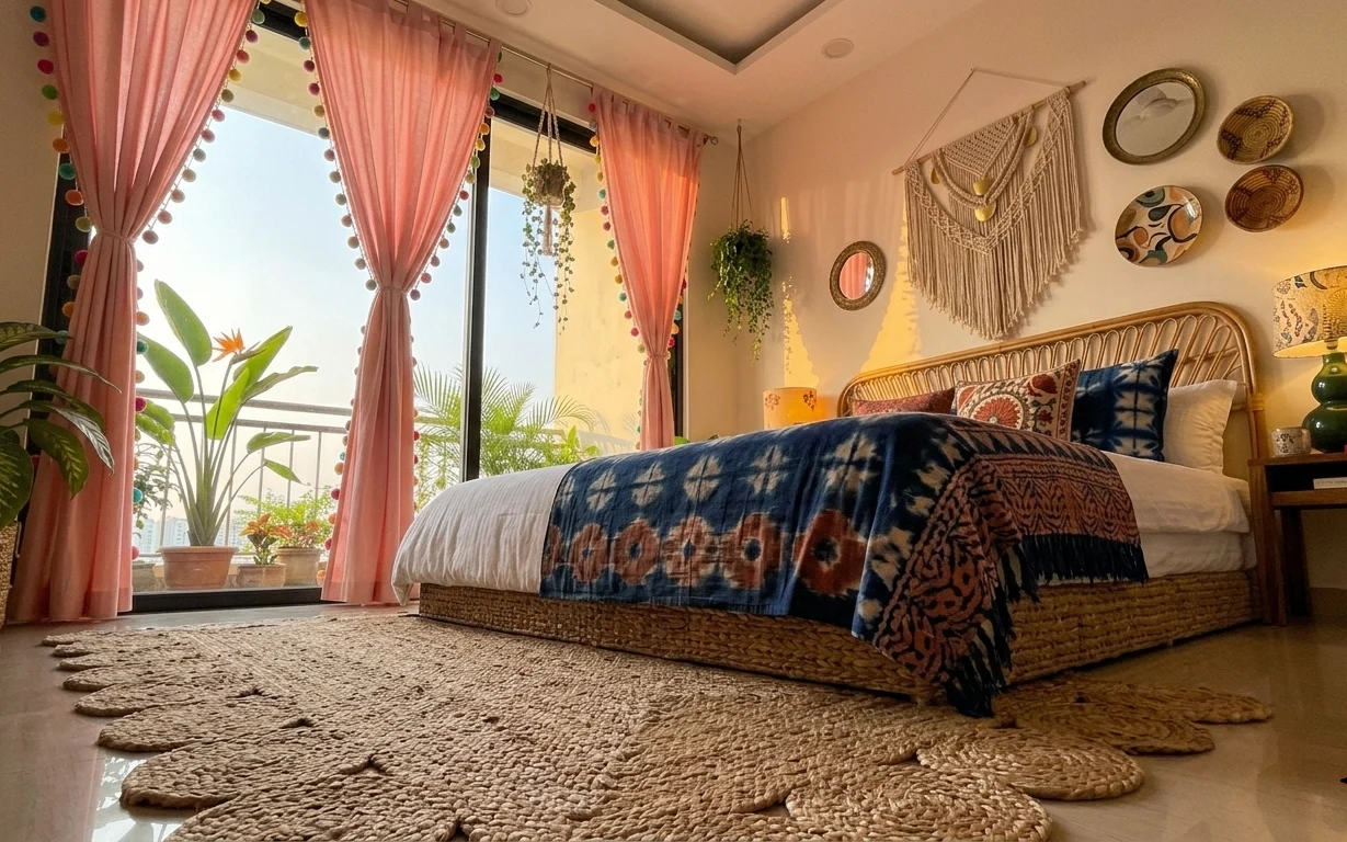 Boho bedroom bed by a bright window with peach curtains, navy patterned throw, textured tan rug, macramé wall hanging, and a round brass mirror