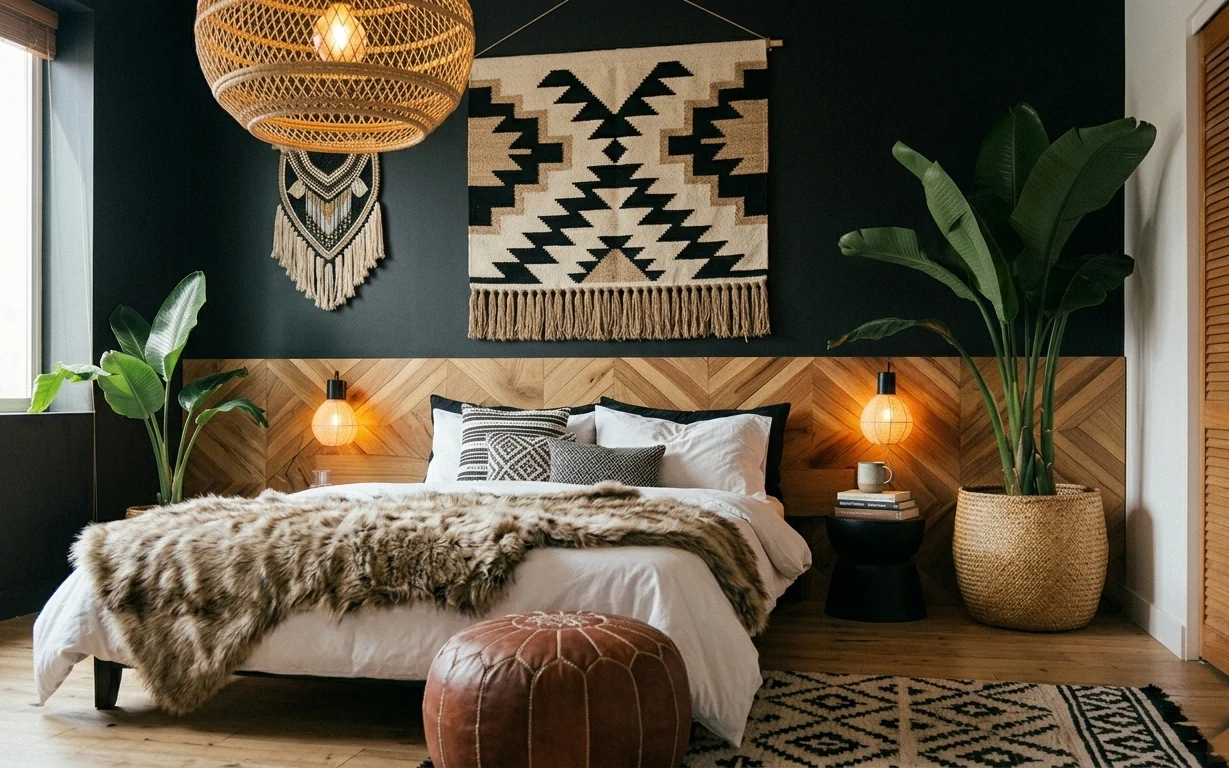 Boho-style bed nook with geometric rug, faux fur throw, warm plug-in lamps, macramé wall hanging, and leafy plants