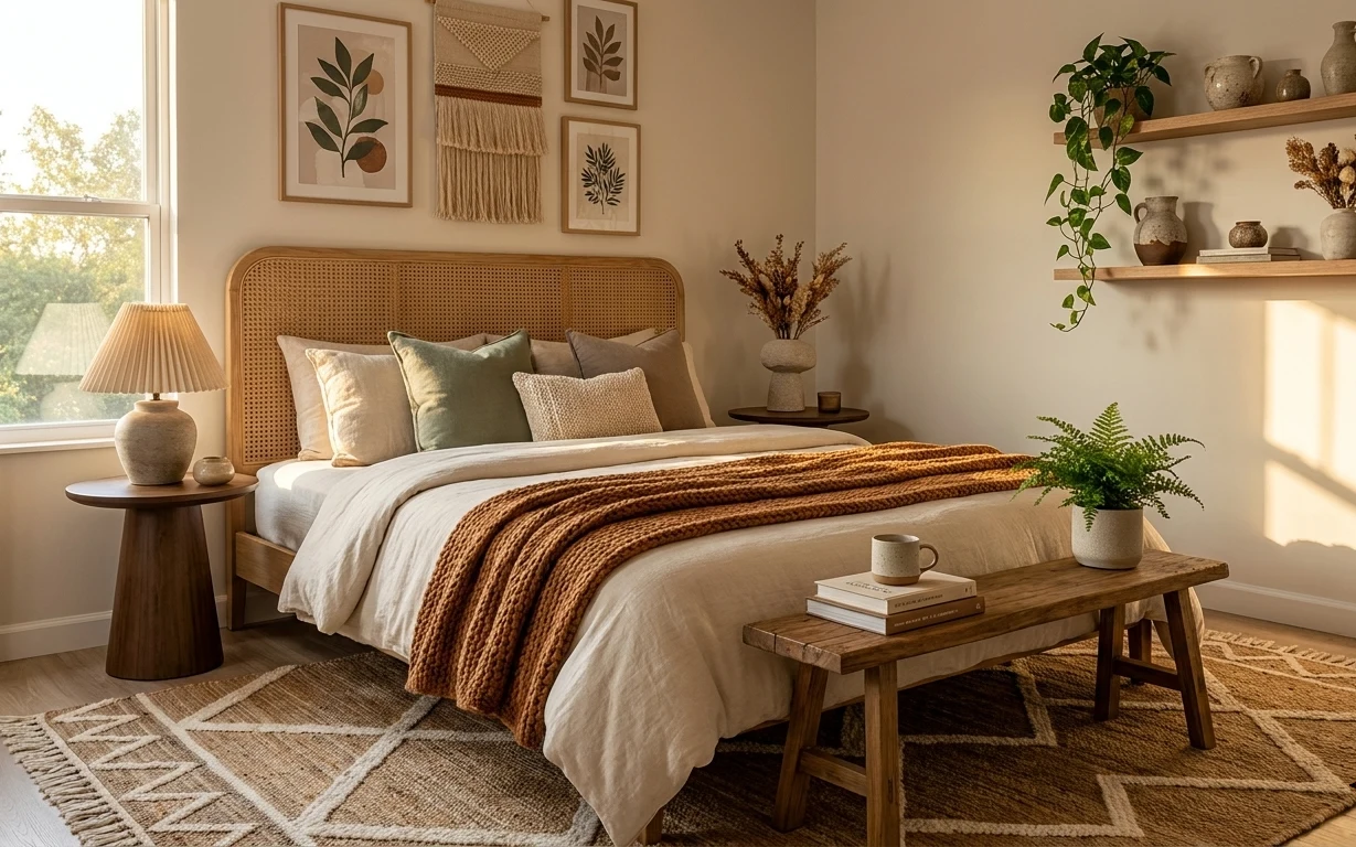 Earthy-neutrals bedroom with woven rattan headboard, geometric rug, rust knit throw, framed botanical prints, and a plug-in table lamp.