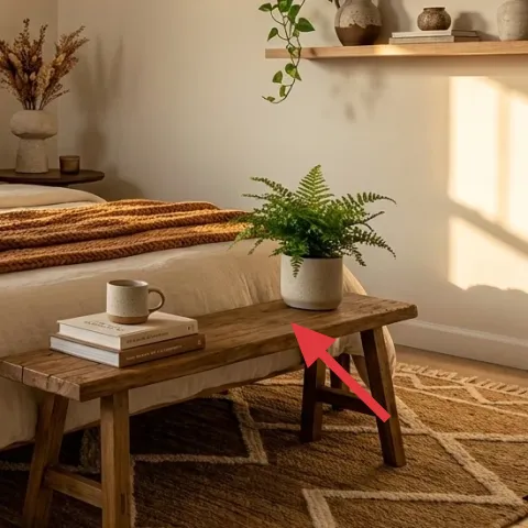 Wood bench at foot of bed