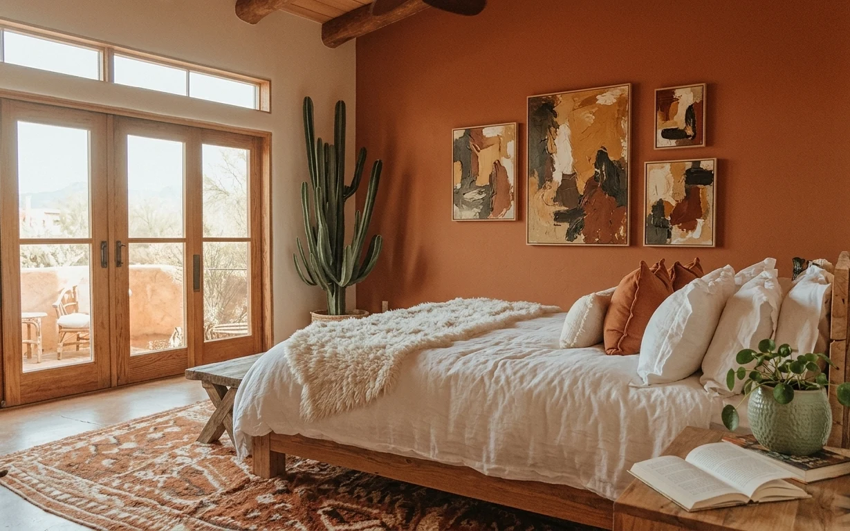 Warm bedroom with a wood bed, cream throw, terracotta wall with framed art, patterned rug, cactus, and open book