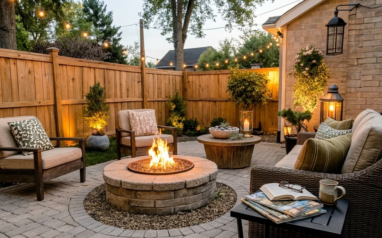 Patio seating area with wicker chairs, round coffee table, fire pit, warm string lights, lantern, and lit gold topiary