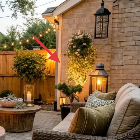 lit gold topiary in a pot near right chair