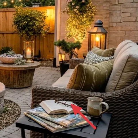 round outdoor coffee table with magazines