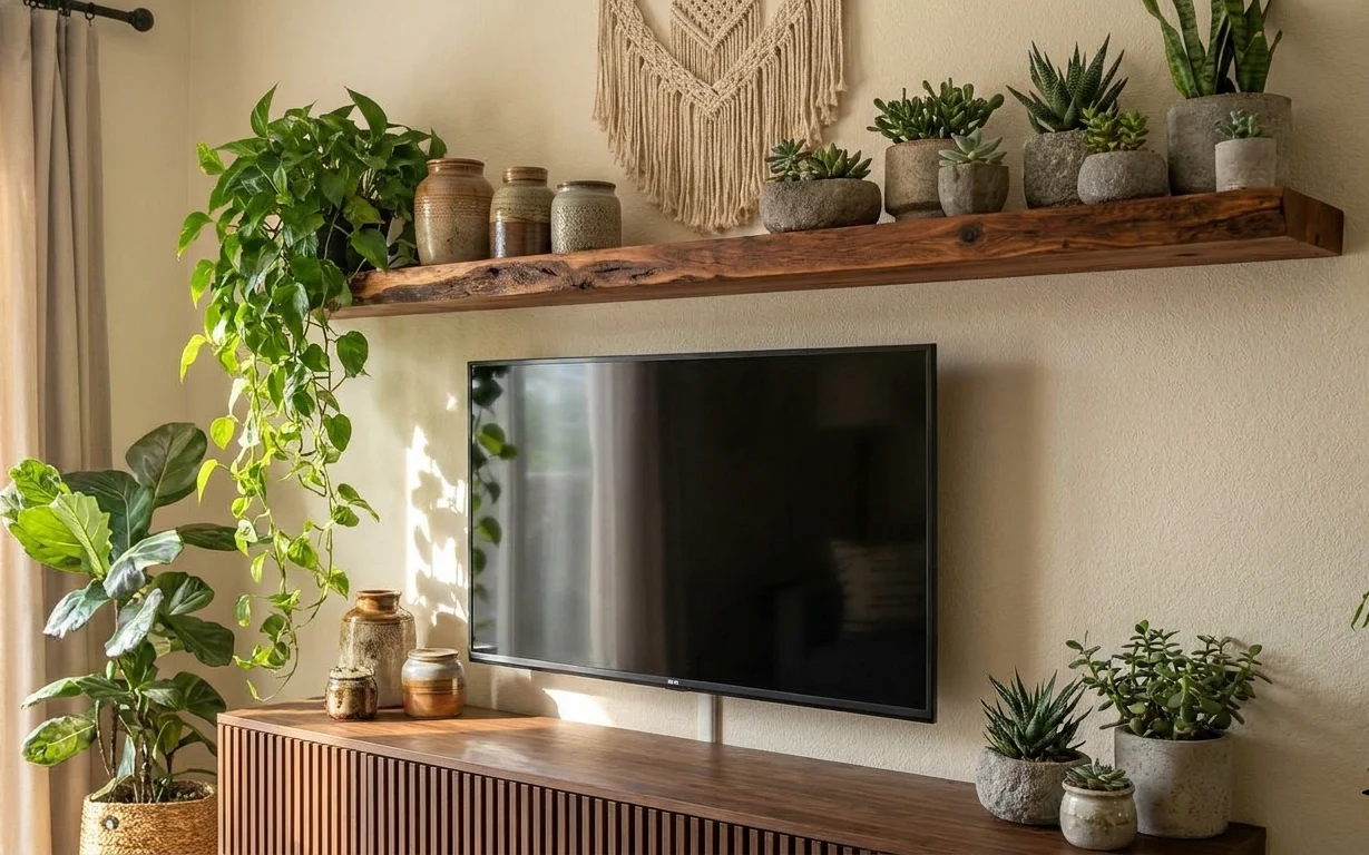 TV wall with wood console, macramé hanging, layered planters, and beige curtains