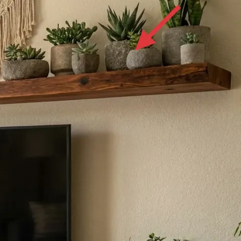 small succulent plants in gray ceramic pots on floating shelf