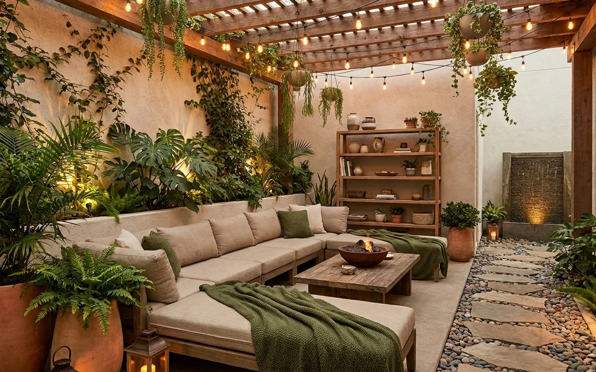 Plant-filled patio lounge with cream sectional, woven rug, wooden coffee table, open shelving, string lights, and glass candles